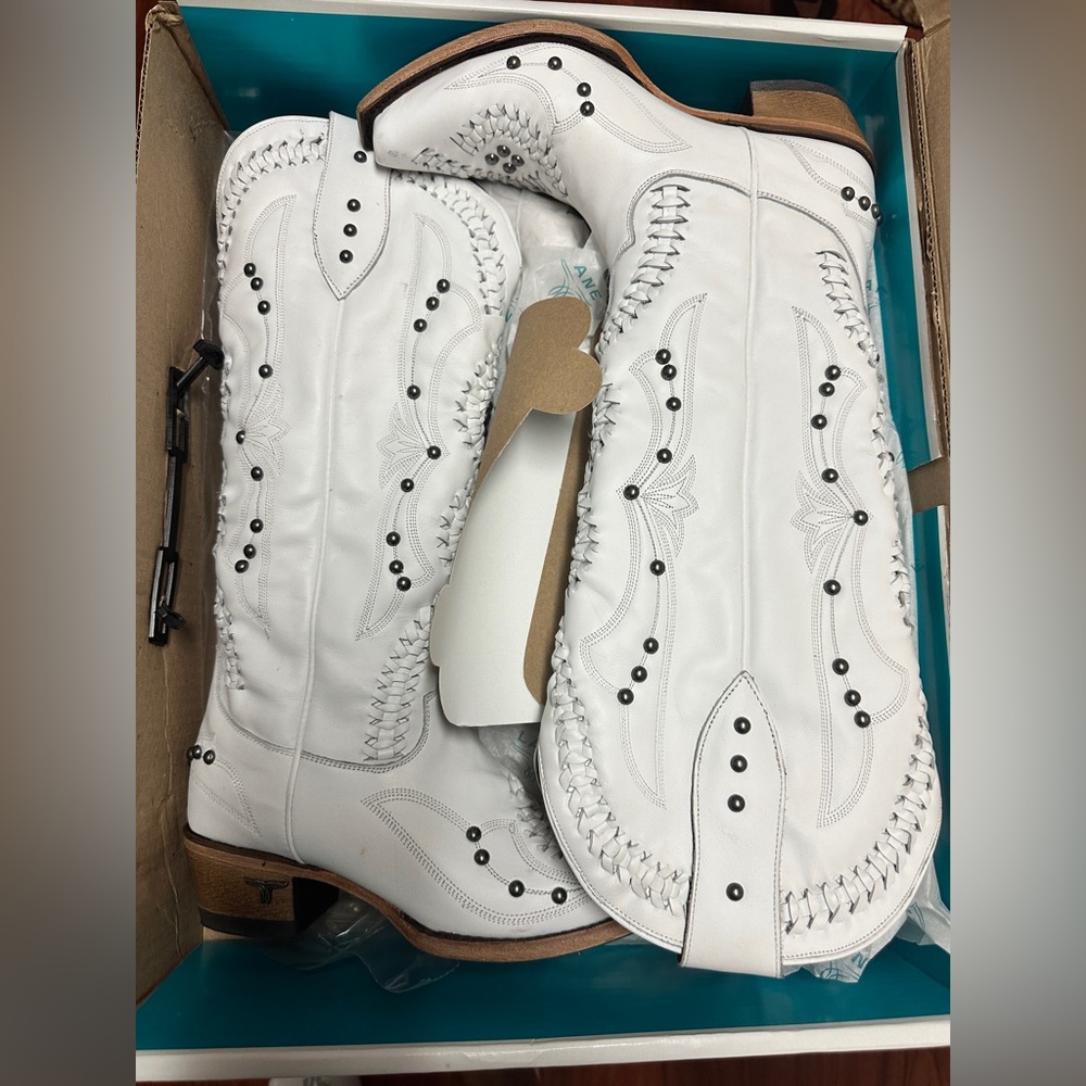 LANE beautifull  Matte White Leather Boots with turquoise bottom!